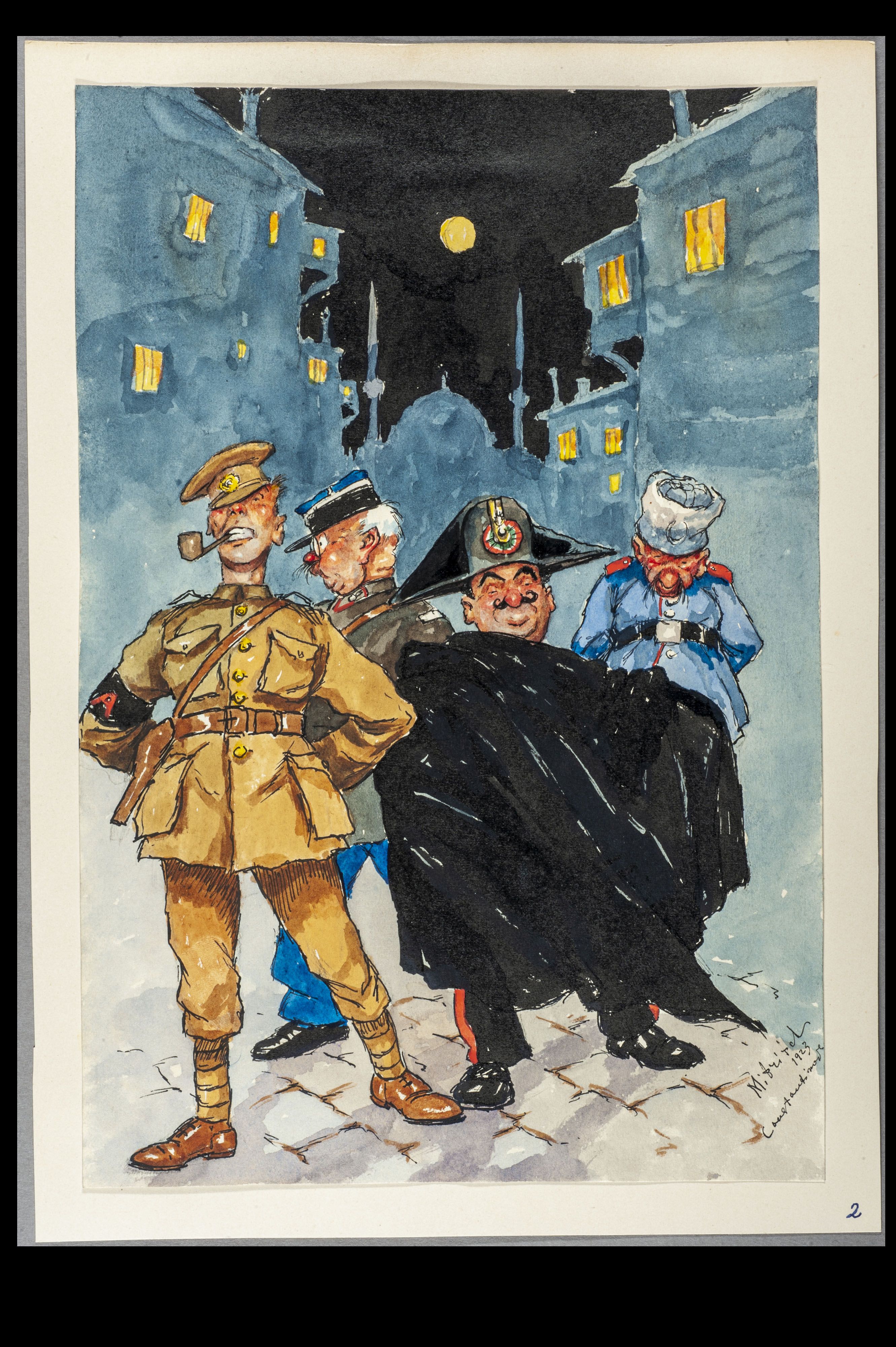 Karelin Mitritch, Müttefik polis devriyesi karikatürü, 1923. Zeynep Çulha Koleksiyonu / Meşgul Şehir: İşgal İstanbul’unda Siyaset ve Gündelik Hayat, 1918–1923